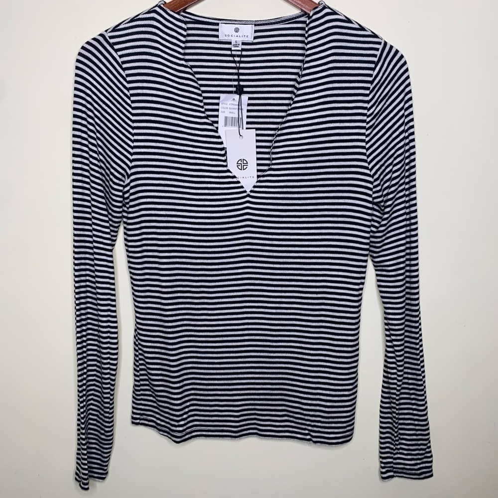 NWT Socialite Small Black and White Striped Soft Top with Scalloped V-Neckline